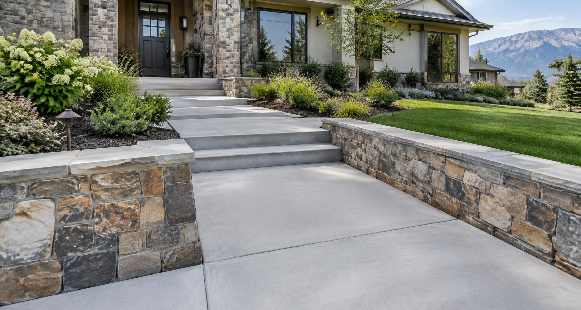 Concrete front walkway and steps bordered by stone walls